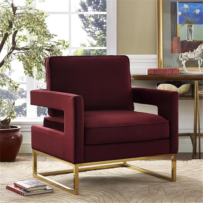 TOV Furniture The Avery Collection Modern Style Living Room Den Leather Upholstered Armchair with Gold Legs Maroon