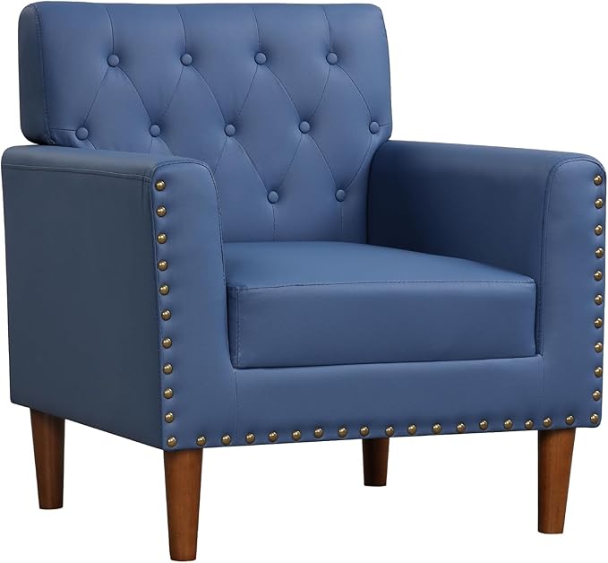KOMFOTT Mid Century Modern Accent Chair Faux Leather Upholstered Armchair with Button Tufted Decoration &amp Rivets Rubber Wood Legs Soft Padded Seat Cushion Single Sofa for Living Room Home (Bl