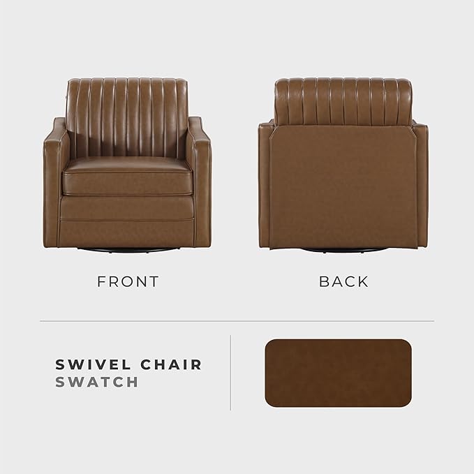 Lexicon Swivel Accent Chair with Track Arms Faux Leather Arm Chair with Solid Wood Frame and Metal Base Deep Seat Swivel Sofa Chair Modern Reading Chair for Living Room/Office/Apartment Cognac