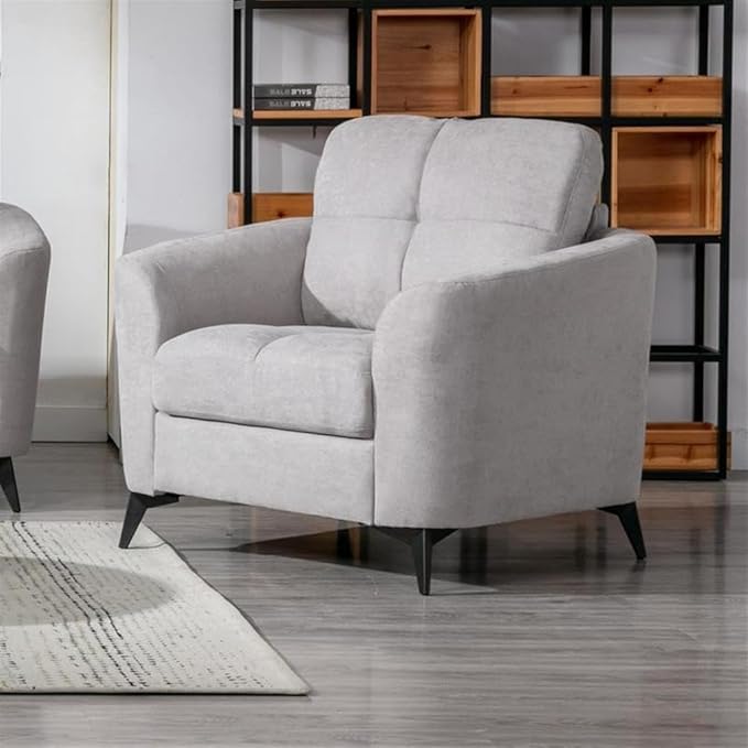 BOWERY HILL Accent Chair Light Gray Velvet Fabric Tufted Cushion Black Metal Legs Pocket Coil Seating Removable Back Cushion Modern Style Living Room or Formal Gathering Chair