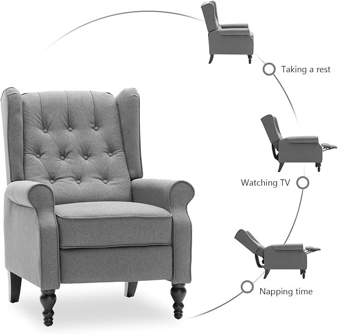 Recliner Wingback Chair Modern Linen Fabric Push Back Recliner Chairs Linen Fabric Single Sofa Lounge Chair Manual Recliner Chai for Adults Living Room Bedroom (Gray)