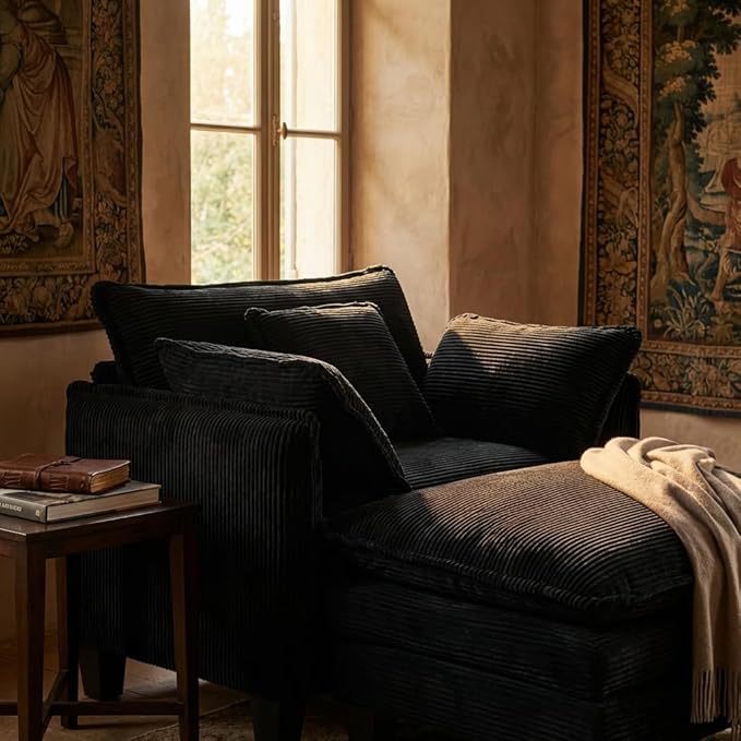 Oversized Chair with Ottoman Modern Corduroy Sofa Bed Single Sofa Chaise Large Upholstered Sofa for Living Room Bedroom (Black)