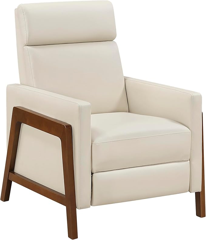 Lexicon Push Back Recliner Chair Faux Leather Upholstered Reclining Chair with Footrest Exposed Dark Brown Finish Wood Frame Small Recliner for Small Space Living Room Bedroom Light Beige