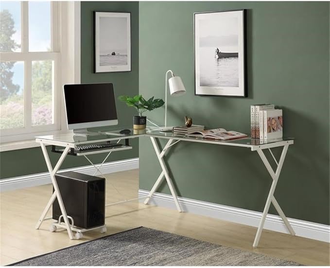 Acme Demas Glass Top L-Shaped Computer Desk with Holder in Clear and White