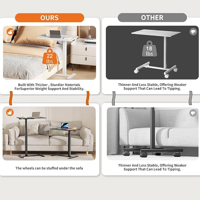 Mobile Overbed Standing Desk with WheelsRolling Desk Adjustable HeightPneumatic Laptop Side Table for CouchHomeOfficeSmall Sit Stand Computer Workstation CartBlack