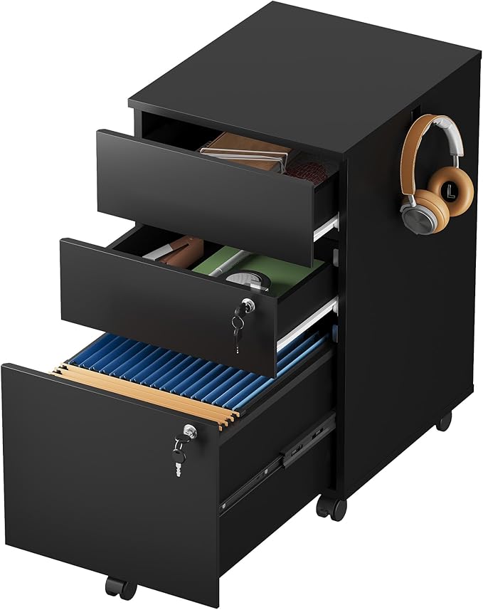 DEVAISE 3 Drawer File Cabinet with Lock Small Rolling Filing Cabinet Under Desk Wood Office Drawers Fits Letter/Legal/A4 Size Folders Black
