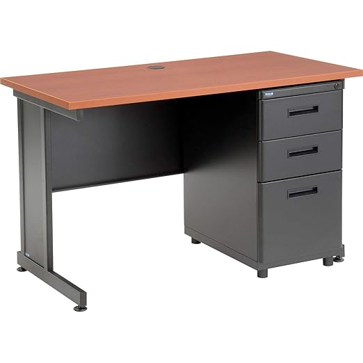Global Industrial 48 W x 24 D x 30 H Office Pedestal Desk with 3 Drawers Faux-Wood Laminate Cherry Desktop Black Steel Frame 2 Box Drawers &amp 1 File Drawer