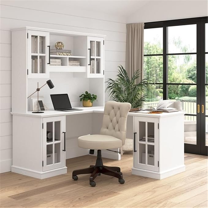 Bush Home Westbrook 60W L Shaped Desk with Hutch and Storage in White Ash Farmhouse Corner Desk for Home Office Workspace
