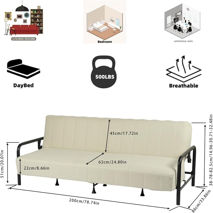 Homy Casa Modern Beige Futon Sofa Bed with Arm 78.74 3-Position Adjustable Backrest Metal Frame Capacity 500 lbs Convertible Daybed for Living Room/Guest Room/Studio Apartment