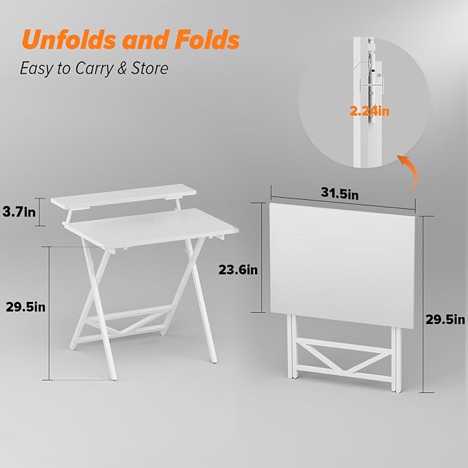 WOHOMO Folding Computer Desk with Adjustable Height 23.6 x 31.5 x 25.6 Foldable Table with Monitor Stand Small Office Desk for Bedroom Space Saving Desk for Home Office Easy Assemble White