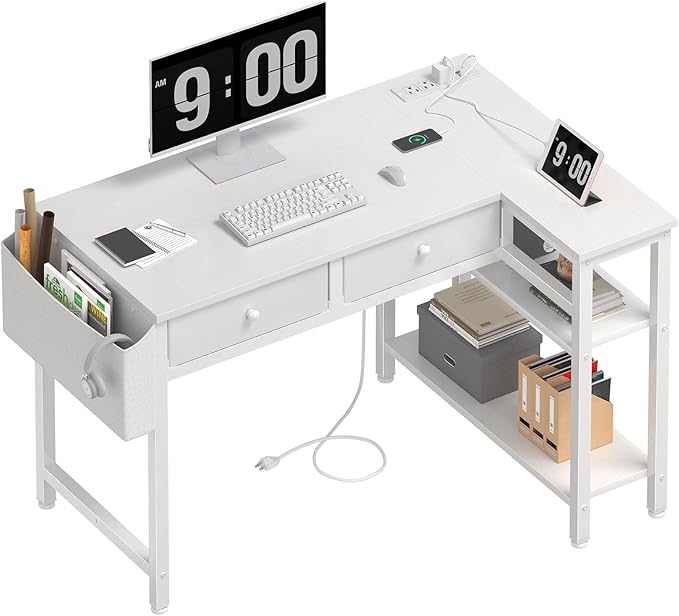 DLisiting Small White L Shaped Desk with Drawers &amp Storage Shelves 40 Inch Corner Desk with Power Outlet for Small Space Home Office Study Work PC Desks for Bedroom