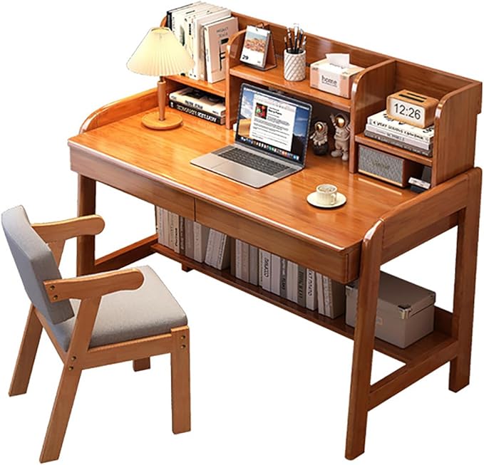 Solitar Soild Wood Computer Desk with HutchHome Office Desk Study Writing Desk with Shelves for Small SpaceSpace Saving PC Work Desk for Bedroom &amp Apartment(100x60x105cm(39x24x41in) Brown)
