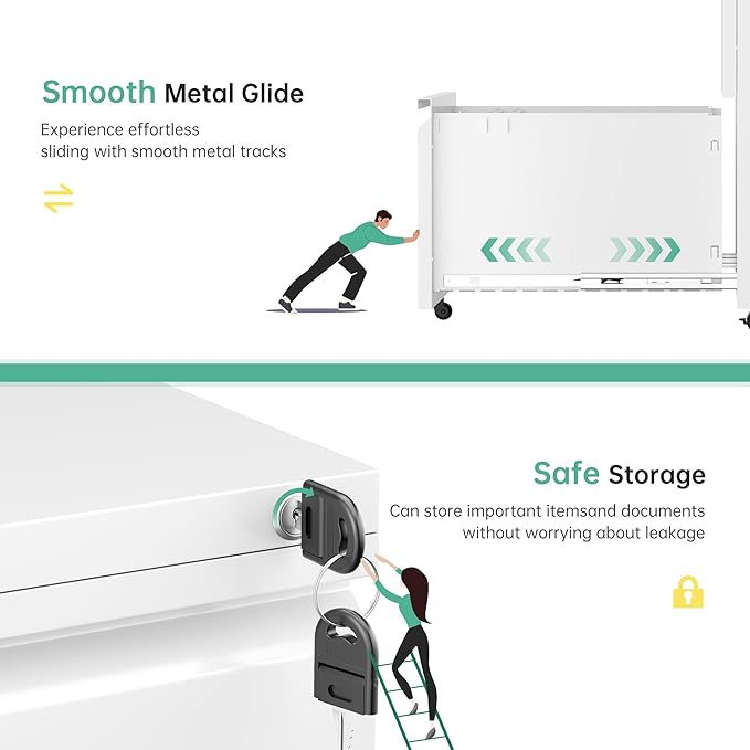 Bonusall 2 Drawer File Cabinet Metal Rolling File Cabinet with Lock Filing Cabinets for Home Office Fit A4/Letter/Legal Easy Assembled White