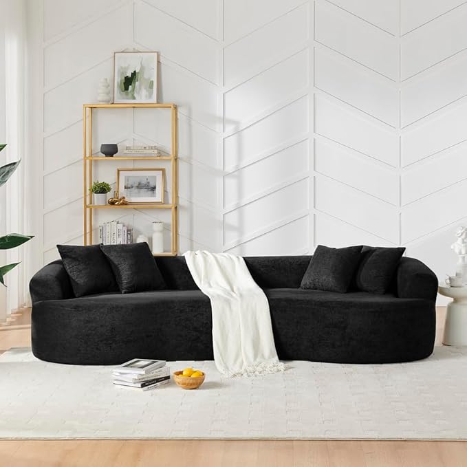 KEIKI 113 Oversized Chenille Curved Modular Sectional Sofa with High-Density Sponge Upholstered Modern Style 4-Seater Compression Cloud Couch No Assembly Needed for Apartment Living Room Black