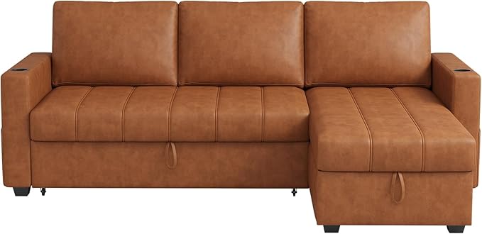 Fadware 89” L Shape Sofa Sleeper Sectional Sofa Bed with Hidden Storage&amp Side Pocket Anti-scratch Faux Leather Couch Bed with ChargePort&amp CupHolder Modern Piano Design Pull Out Couch for Li