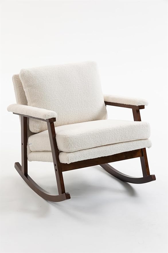 ZeHuoGe Mid Century Modern Accent Chair Rocking Chair with Wood Frame Upholstered Living Room Chairs Reading Armchair for Bedroom Sunroom (Antique White)