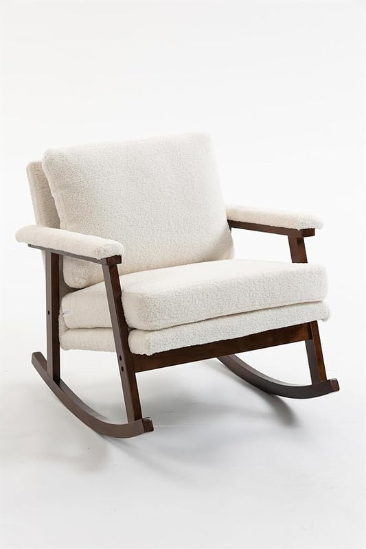 ZeHuoGe Mid Century Modern Accent Chair Rocking Chair with Wood Frame Upholstered Living Room Chairs Reading Armchair for Bedroom Sunroom (Antique White)