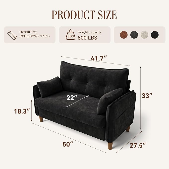 50 Mini Loveseat Couch for Small Space | Tufted Love Seat Couches for Bedroom and Apartment | Small Sofa Black