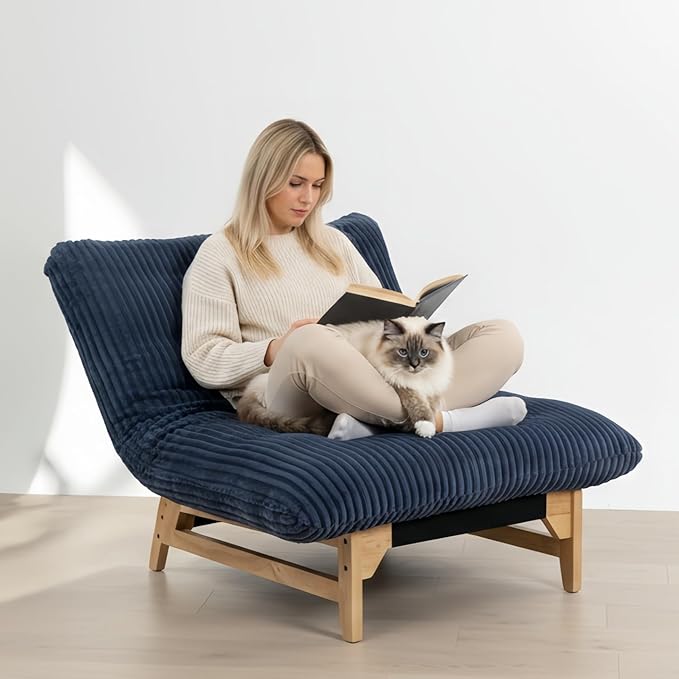 Oversized Cloud Chair with Solid Wood Base Corduroy Bean Bag Accent Chair for Adults Big Fluffy Shredded Foam Filled Reading Armchair for Bedroom Living RoomBlue