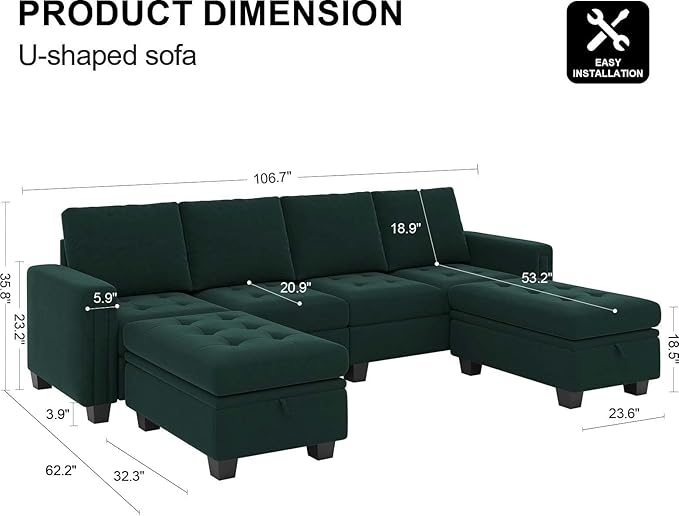 Belffin Velvet U Shaped Sectional Sofa Couch with Storage Ottoman Convertibel Sectional Sofa with Reversible Chaises Green
