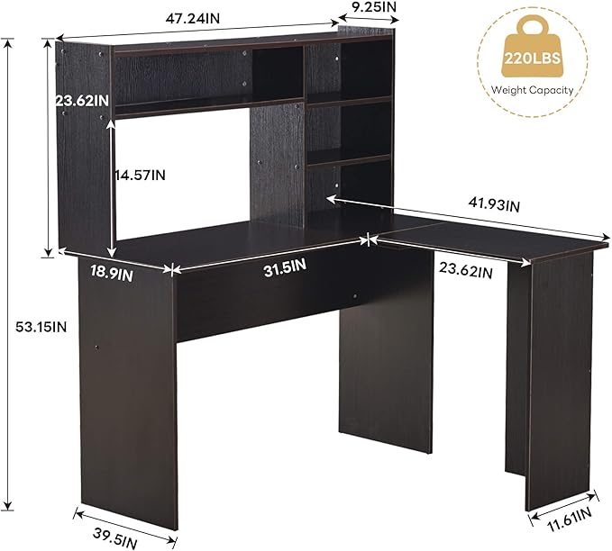 ivinta L Shaped Office Desk with Storage Shelves 47.2 Modern Corner Computer Desk with Storage hutch for Gaming Writing Study Wrok Small Home Office Table for Bedroom Living Room 7194 (Dark Brown)