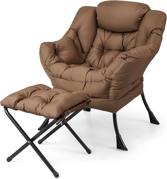GORELAX Lazy Chair with Ottoman Modern Accent Chair w/Armrests &amp Side Pocket Upholstered Lounge Sofa Chair &amp Folding Footstool Set Reading Chair for Bedroom Living Room Dorm Room (Brown)