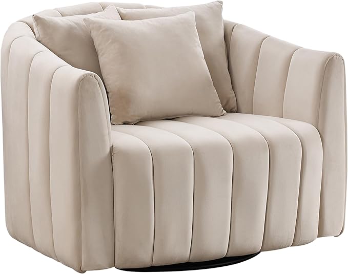 Modern Accent Chair with 3 PillowsBeige Swivel Barrel Chairs for Living RoomOversized Barrel Chair 360 (Beige + Velvet)
