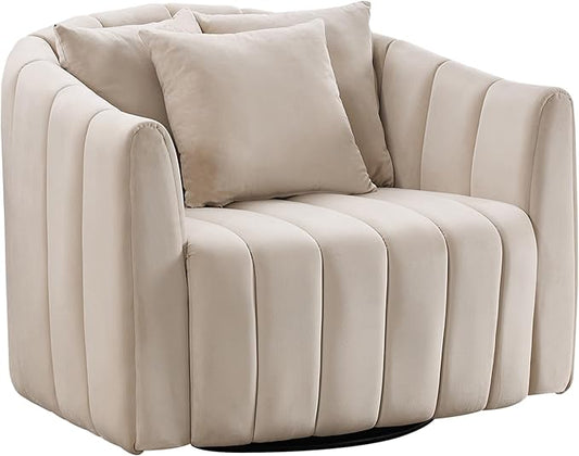 Modern Accent Chair with 3 PillowsBeige Swivel Barrel Chairs for Living RoomOversized Barrel Chair 360 (Beige + Velvet)