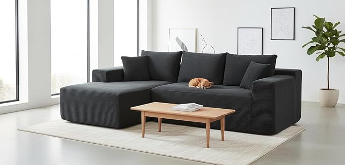 Ridge 2-Piece Convertible Corduroy L-Shaped Sofa in a Box with Pillows 3-Seater Modular Sectional Couch Compressed Living Room Furniture Black (Left Facing)