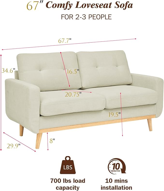 67 Gray Loveseat Sofa Mid Century Modern Love Seat Sofas and Comfy Corduroy Couches for Living Room Button Tufted Small Cloud Couch for Bedroom Office Apartment Small Space Easy Assembly (Cream)