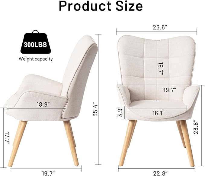 FurnitureR Upholstered Tufted Wingback Chair Fabric Living Room Leisure Chair Comfortable Stylish with Solid Wood Legs Accent Armchairs High Back Ergonomic for Bedroom/Lounge Beige/Oak
