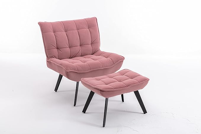 Modern Soft Velvet Fabric Material Large Width Accent Chair Leisure Chair Armchair TV Chair Bedroom Chair with Ottoman Black Legs for Indoor Home and Living RoomPink