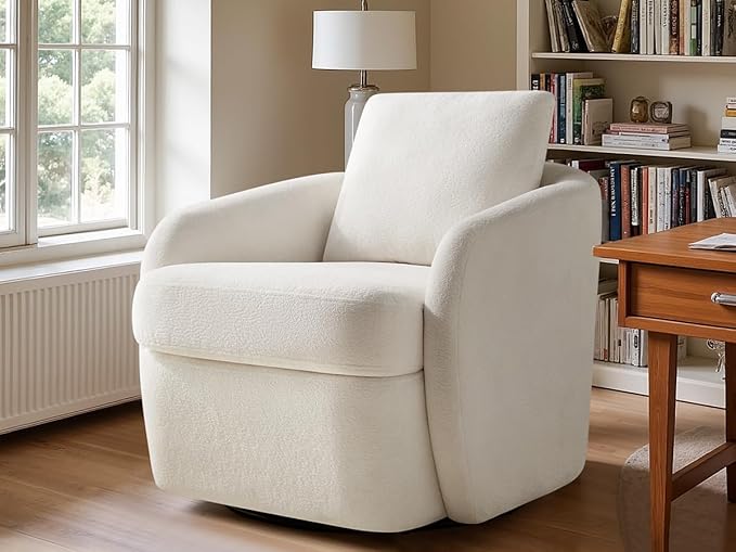 Swivel Barrel Chair Cloud 360° Upholstered Armchair with Removable Throw Pillow for Living Room Bedroom Modern Comfy Single Sofa Chairs Fully Assembled White