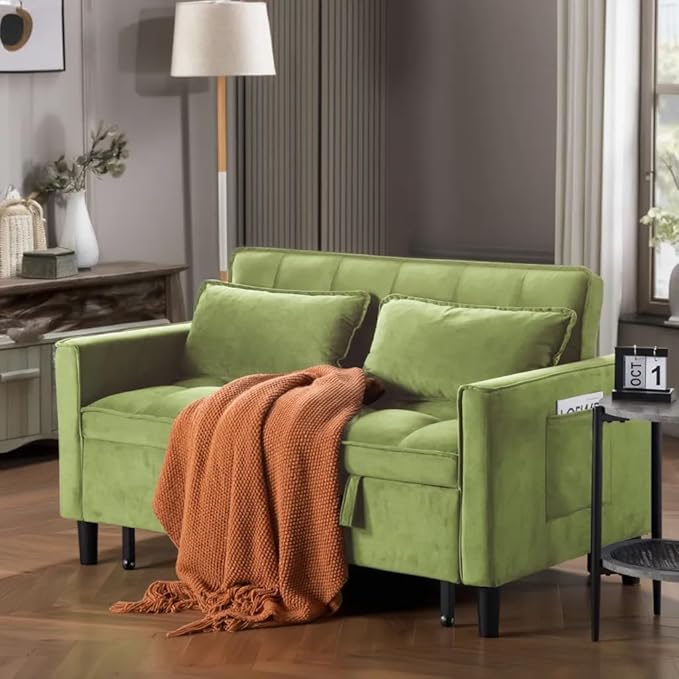 3 in 1 Convertible Sofa Bed Love Seat Sleeper Bed with Side Pockets Velvet Fabric Pull Out Couch with Adjustable Backrest for Living Room Bedroom Apartment Olive Green