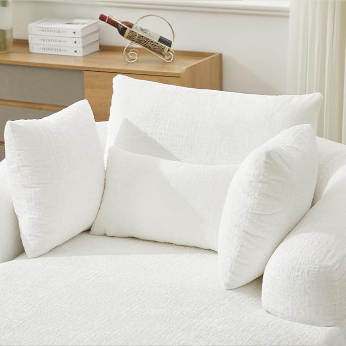 Oversized Chaise Longue Chair Indoor Modern Upholstered Chenille Deep Seat Sofa Bed with Throw Pillows and Armrests Sleeper Sofa Couch for Living Room Bedroom Apartment (Beige)