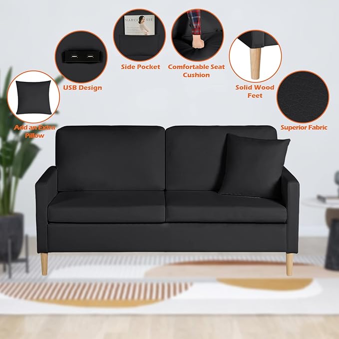 AILEEKISS 66 W Loveseat Sofa with 2 USB Mid Century Modern Love Seats PU Leather Furniture Tufted Upholstered Love Seat Couch for Living Room Office Apartment Bedroom (3-Seater Black)