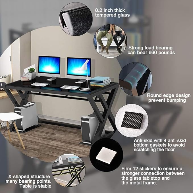 NA Glass Computer Desk with Metal Frame Home Office Desks Computer Table Modern Simple Office Study Gaming Work Writing Desk Table for Home Office Black (X-Shape-55.1inch)