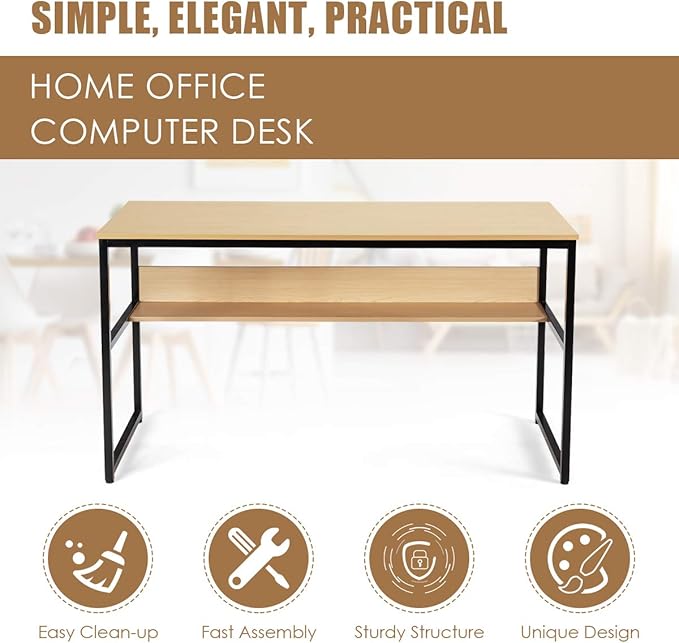 DORTALA 55 Industrial Computer Desk Contemporary Writing Table w/Storage Shelf Large Tabletop Sturdy Metal Structure Adjustable Foot Pads