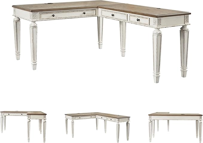 Signature Design by Ashley Realyn Cottage L-Shaped Distressed 2-Piece Home Office Desk with Power Supply and USB Ports White &amp Light Brown