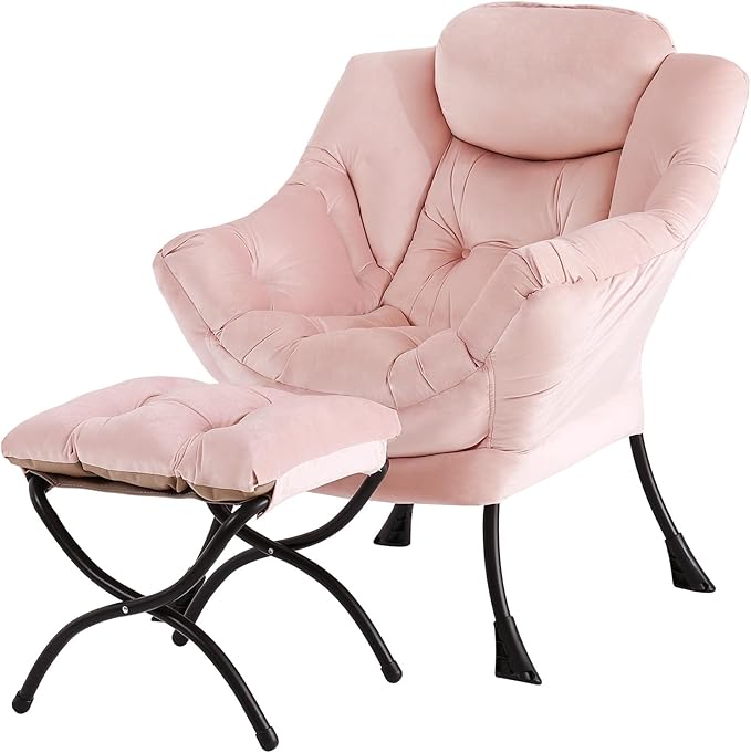 Tiita Lazy Chair with Ottoman Pink Modern Large Accent Chair Comfy Leisure Sofa Armchair with Ottoman Reading Chair with Footrest for Bedroom Living Room Dorm Rooms Velvet Pink