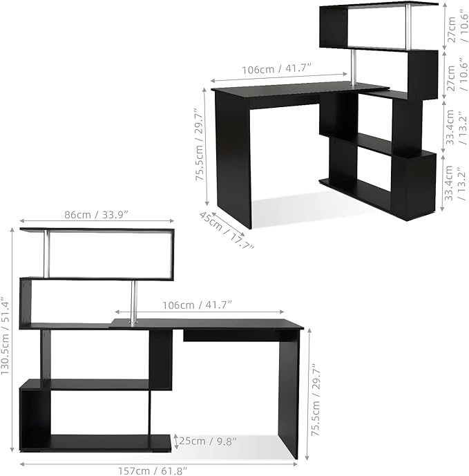41.7 L Shaped Desk with 4-Tier Storage Shelves Computer Corner Desk for Study Home Office Living Room (Black)