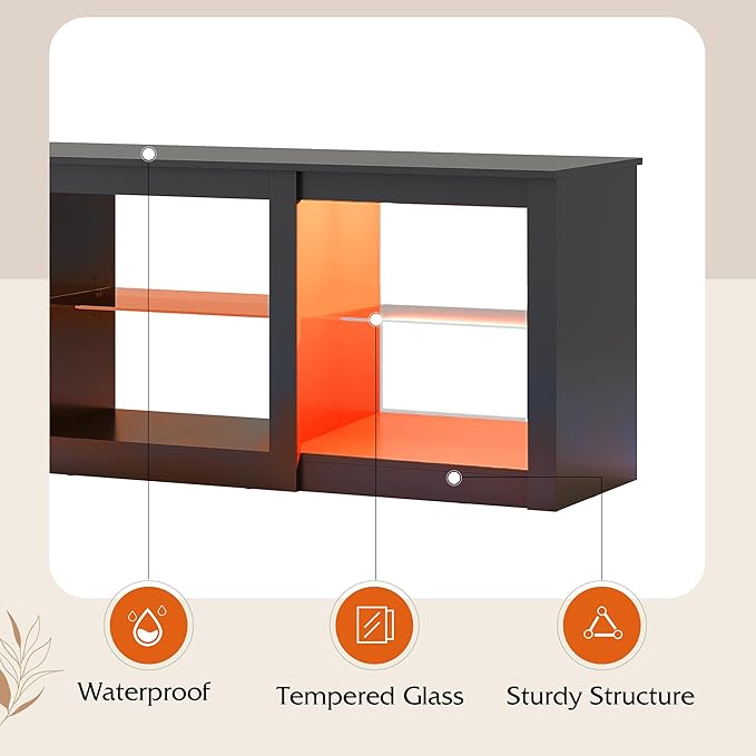 WLIVE Modern LED TV Stand for 65 70 Inch TV 58 Entertainment Center with Adjustable Glass Shelves &amp RGB Lights Wood Media Console Table for Living Room Bedroom Gaming Room Black