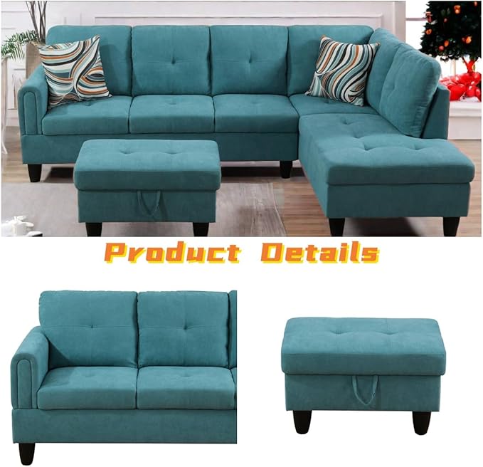 FONTOI L Shaped Sectional Couch with Otttoman 97 Sectional Sofa for Living Room Flannel Modular Couches with Cup Holders for Bedroom Apartments Blue