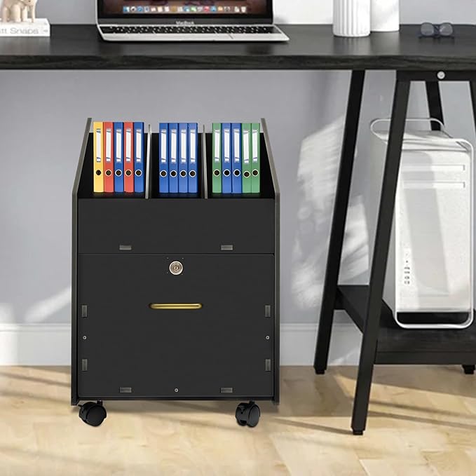 DouSeiAi Mobile PVC File Cabinet with Lock Under Desk Rolling File Cabinets for Home Office Classrooms (Black)