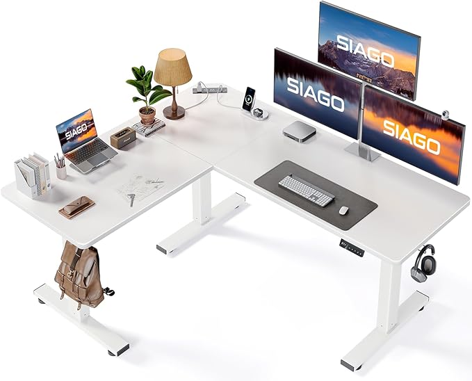 SIAGO L-Shaped Standing Desk - 63 x 55 Inch Adjustable Corner Standing Desk with Charging Station - L Shape Sit Stand Table with Memory Controller Splice Board for Home Office