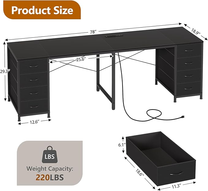 TVU 78 2 Person Desk with 8 Fabric Drawers Long Computer Desk Home Office Desk with Storage Two Person Double Desks with Power Outlets Brown and White