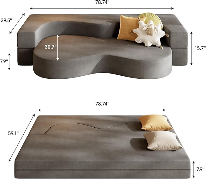 79 Floor Foam Sofa Bed Couch 3-in-1 Folding Sofa Bed with Heart Design Velvet Cover Futon Sofa Sleeper Ideal for Guest Dorm Living Room Bedroom Office Small Spaces(Grey)
