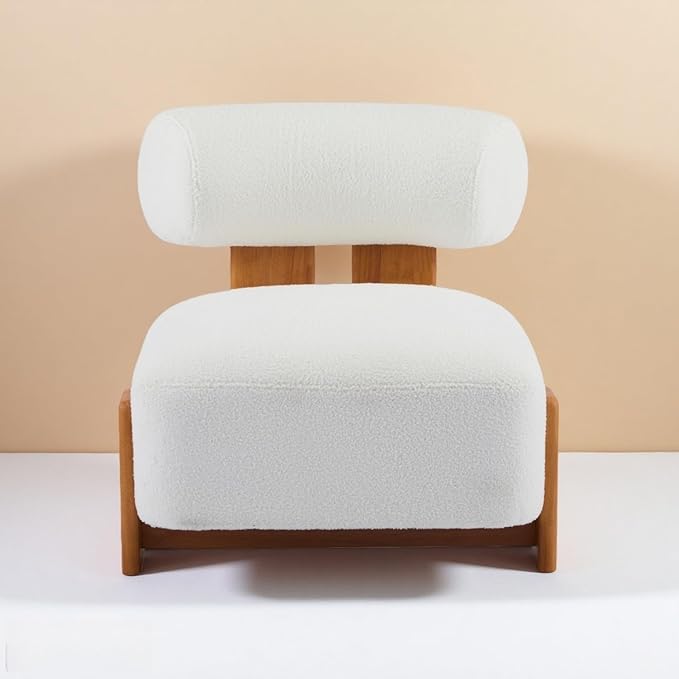 Chifee &amp Vingol Boucle Cloud Accent Lounge Chair Mid Century Armless Wood Legs Single Barrel Chairs with Rolled Backrest Reading Chair for Living Room Bedroom Small SpaceBeige
