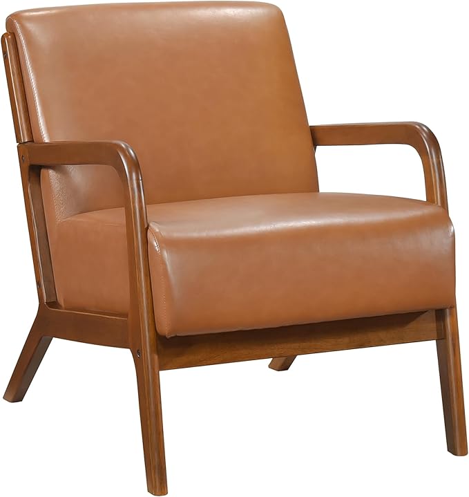Lexicon Mid Century Modern Accent Chair with Solid Wood Frame and Legs Upholstered Living Room Chairs Comfy Club Chair Faux Leather Armchair for Living Room Bedroom Office Waiting Room Cognac Tan