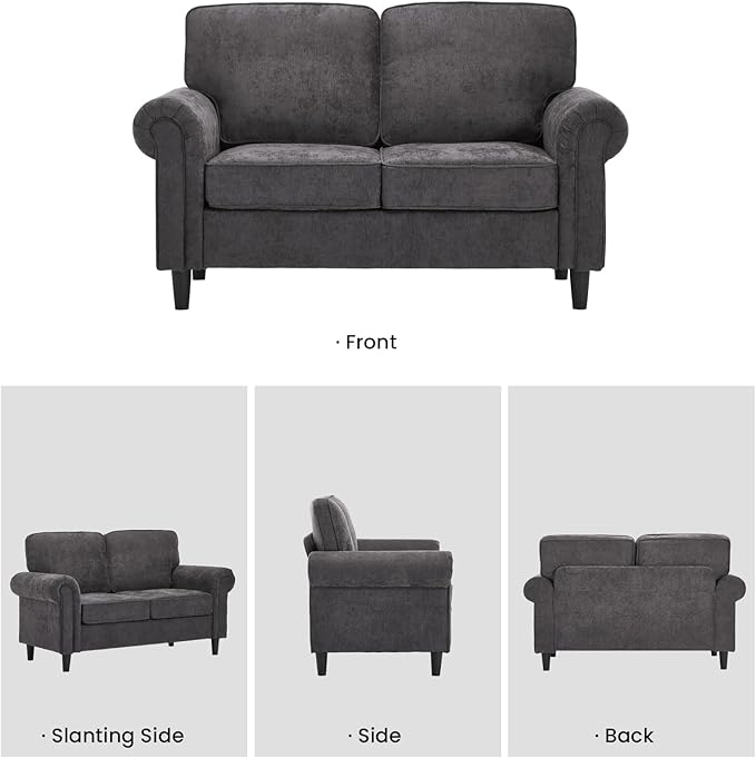 Kingfun Loveseat 2&amp3 Seater Couch with Chair Mid Century Modern Chenille Sofa Set with Rolled Arms and Deep Seats Fluffy Comfort for Living Room Apartment Easy Assembly Grey